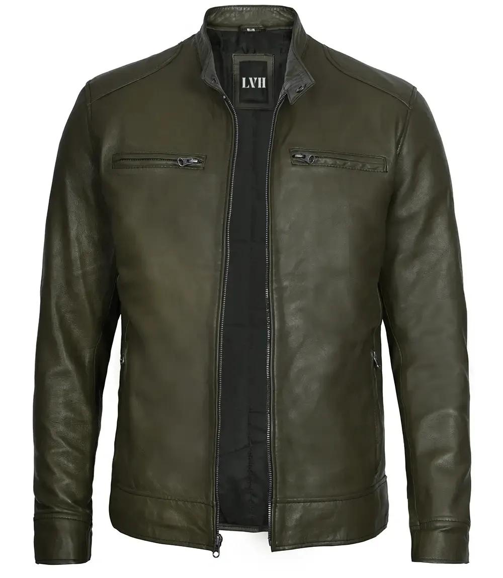 Men's Dark Green Racer Leather Jacket front