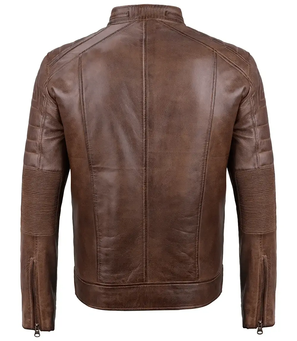 Men's Distressed Coffee Brown Leather Racer Jacket back