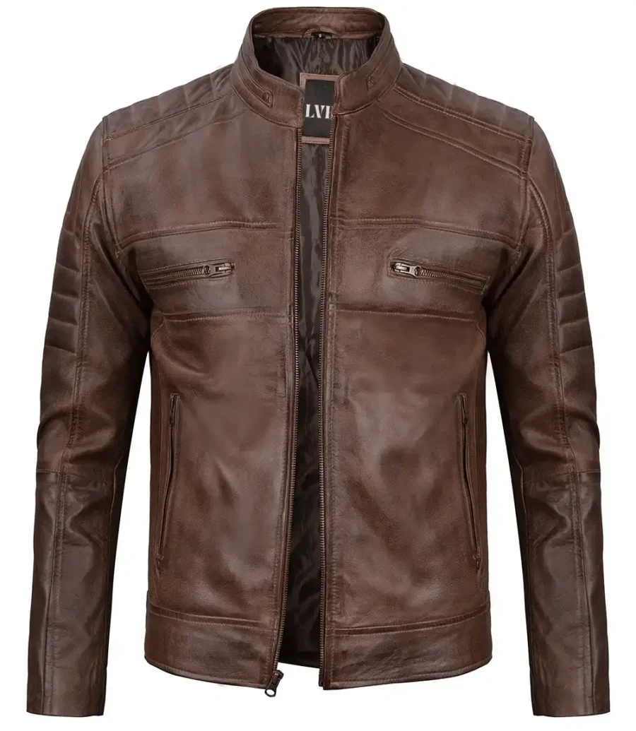 Men's Distressed Coffee Brown Leather Racer Jacket front