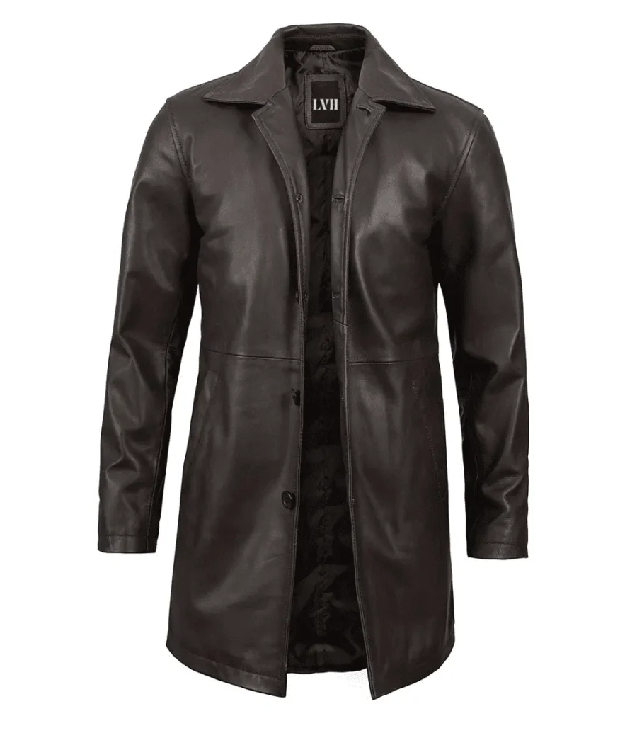 Mens Distressed Dark Brown Leather Car Coat front