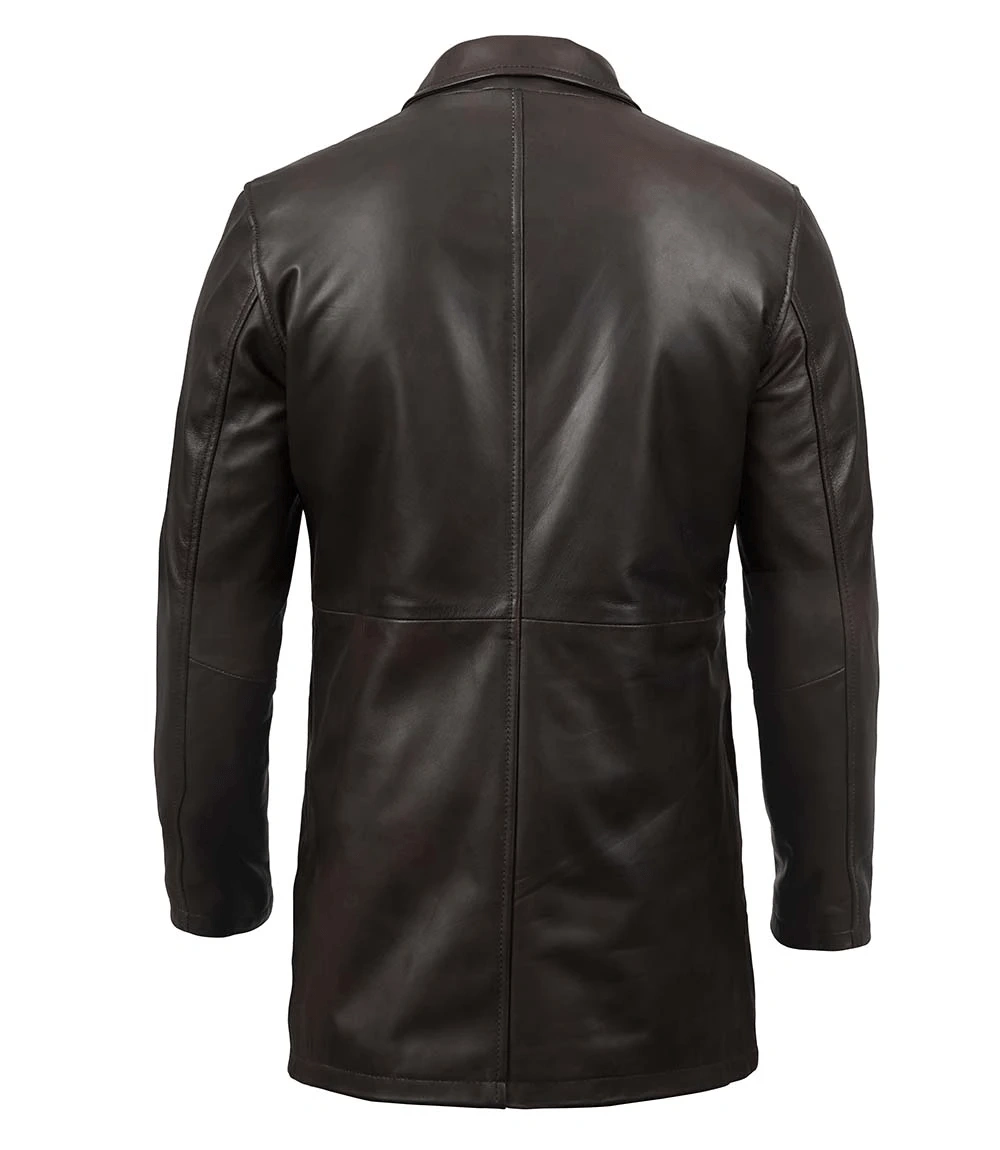 Mens Distressed Dark Brown Leather Car Coat front Back