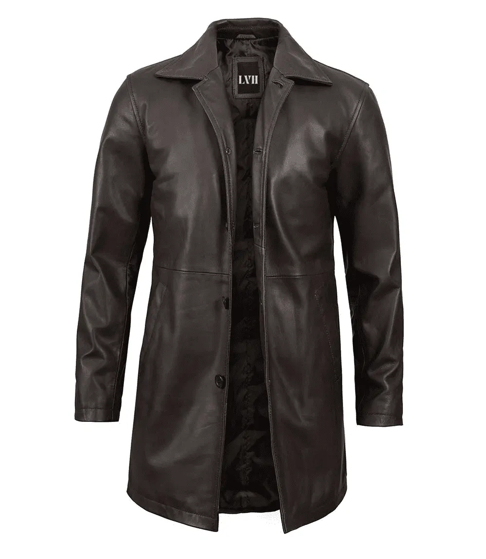 Mens Distressed Dark Brown Leather Car Coat front