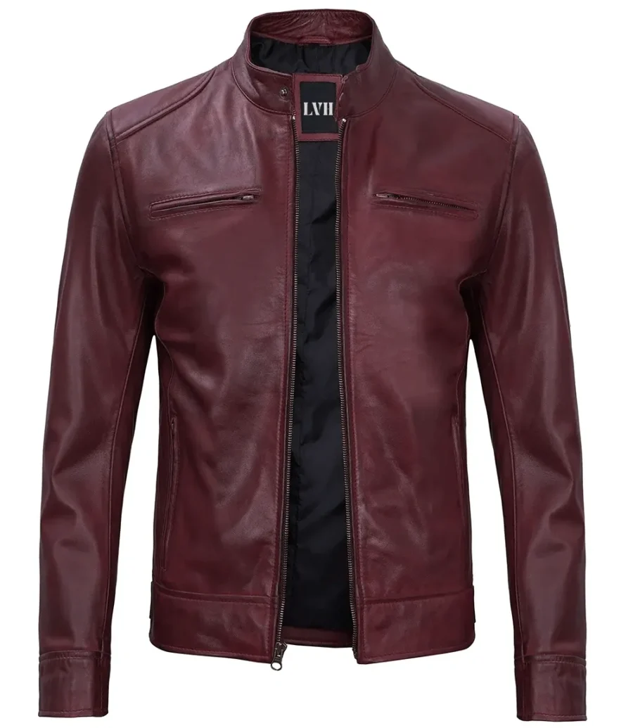 Mens Maroon Leather Racer Motorcycle Jacket front
