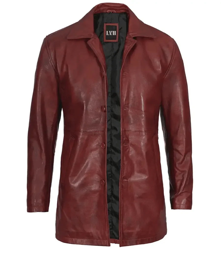 Mens Maroon Real Lambskin Leather Car Coat front