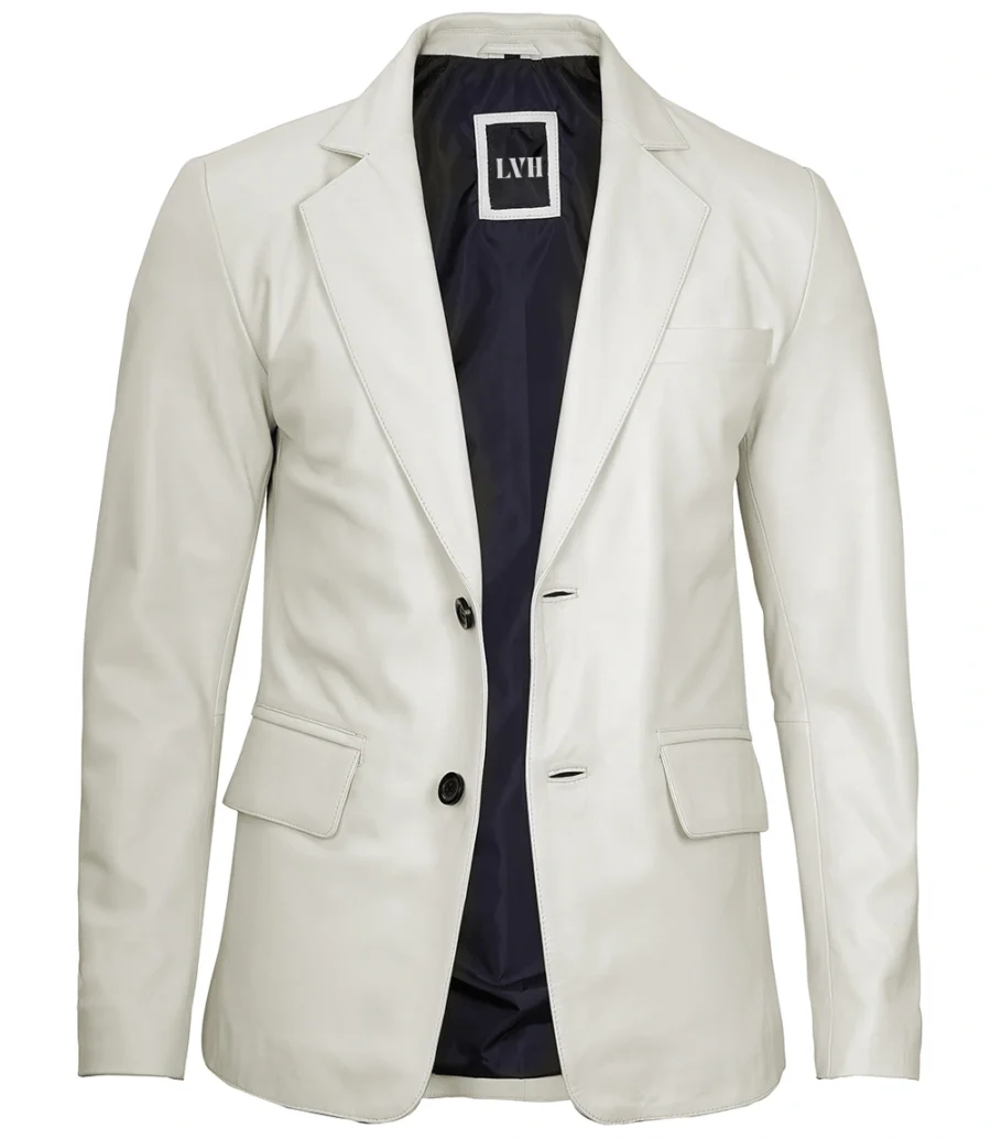 Mens Off White Blazer Real Leather Jacket front
