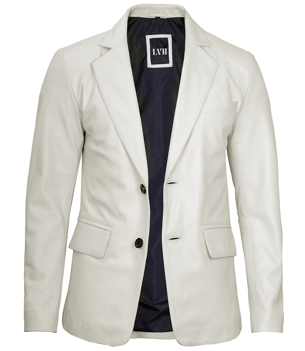 Mens Off White Blazer Real Leather Jacket front