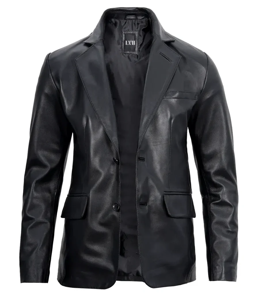 Mens Real Lambskin Black Leather Blazer Jacket front