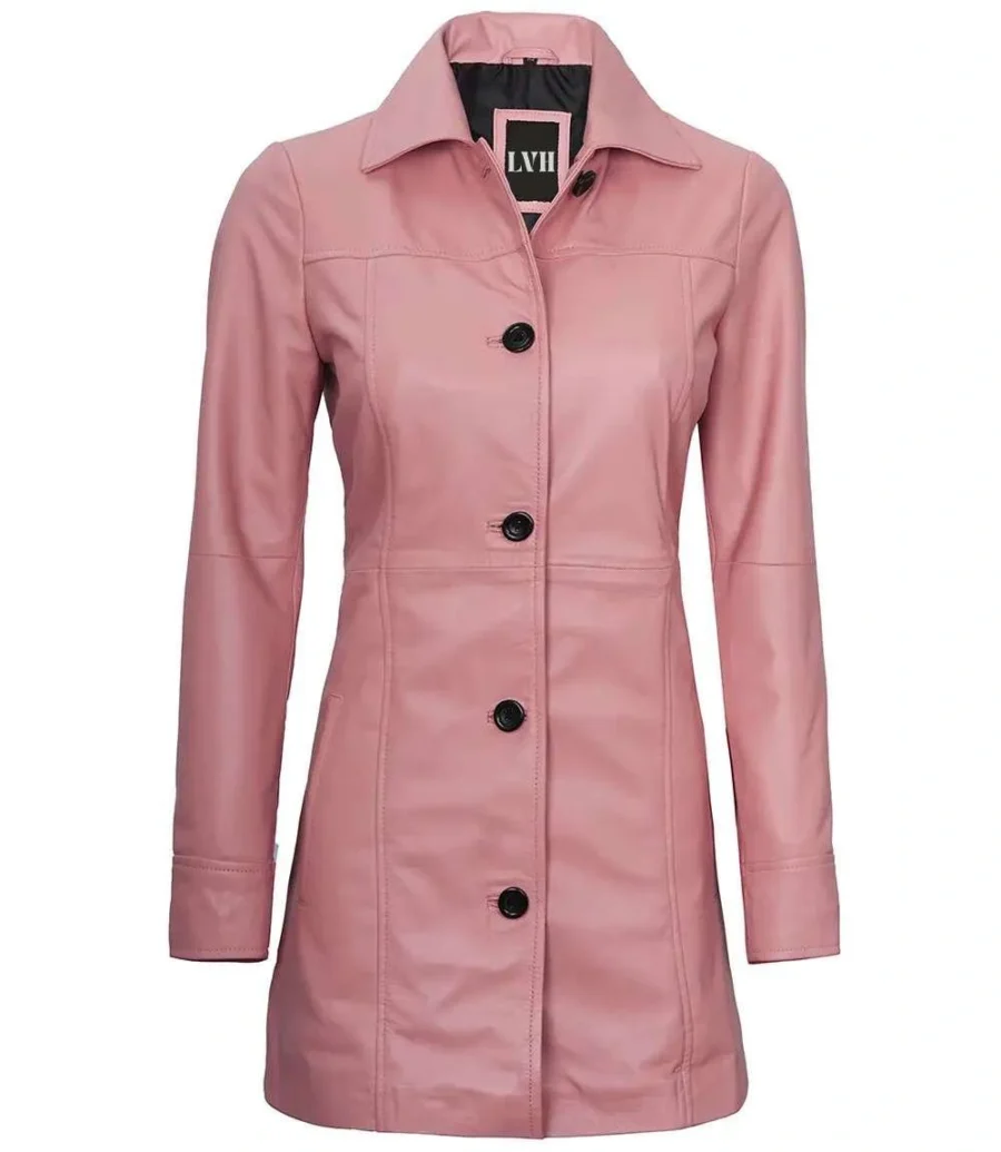 Pink Real Leather Long Coat For Women front