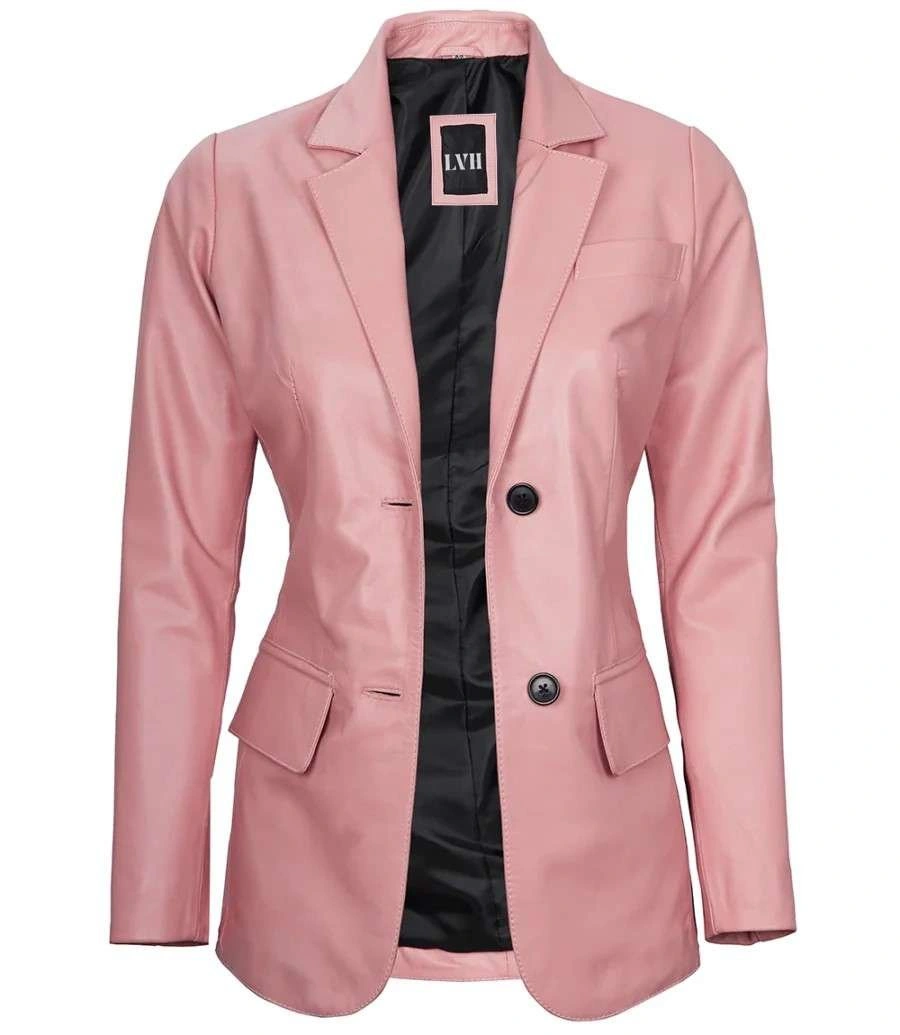 Pink Womens Real Leather Blazer Jacket front