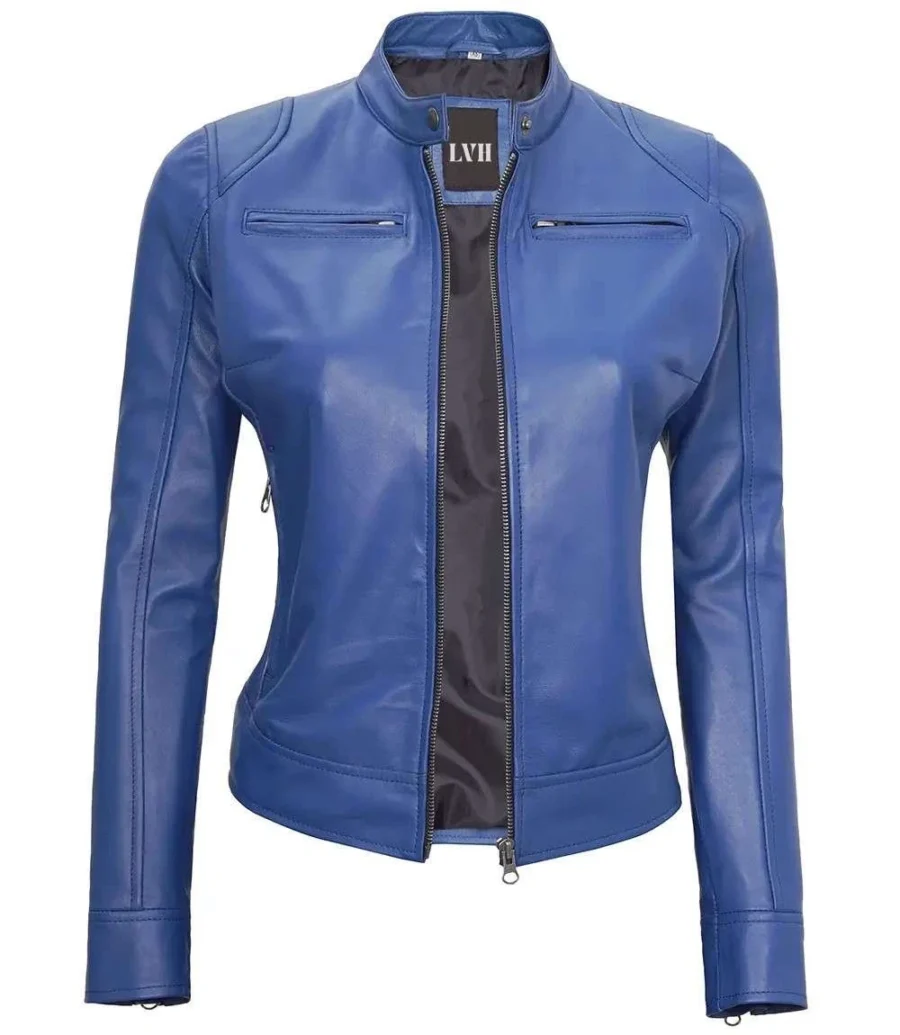 Racer Women's Blue Leather Jacket front