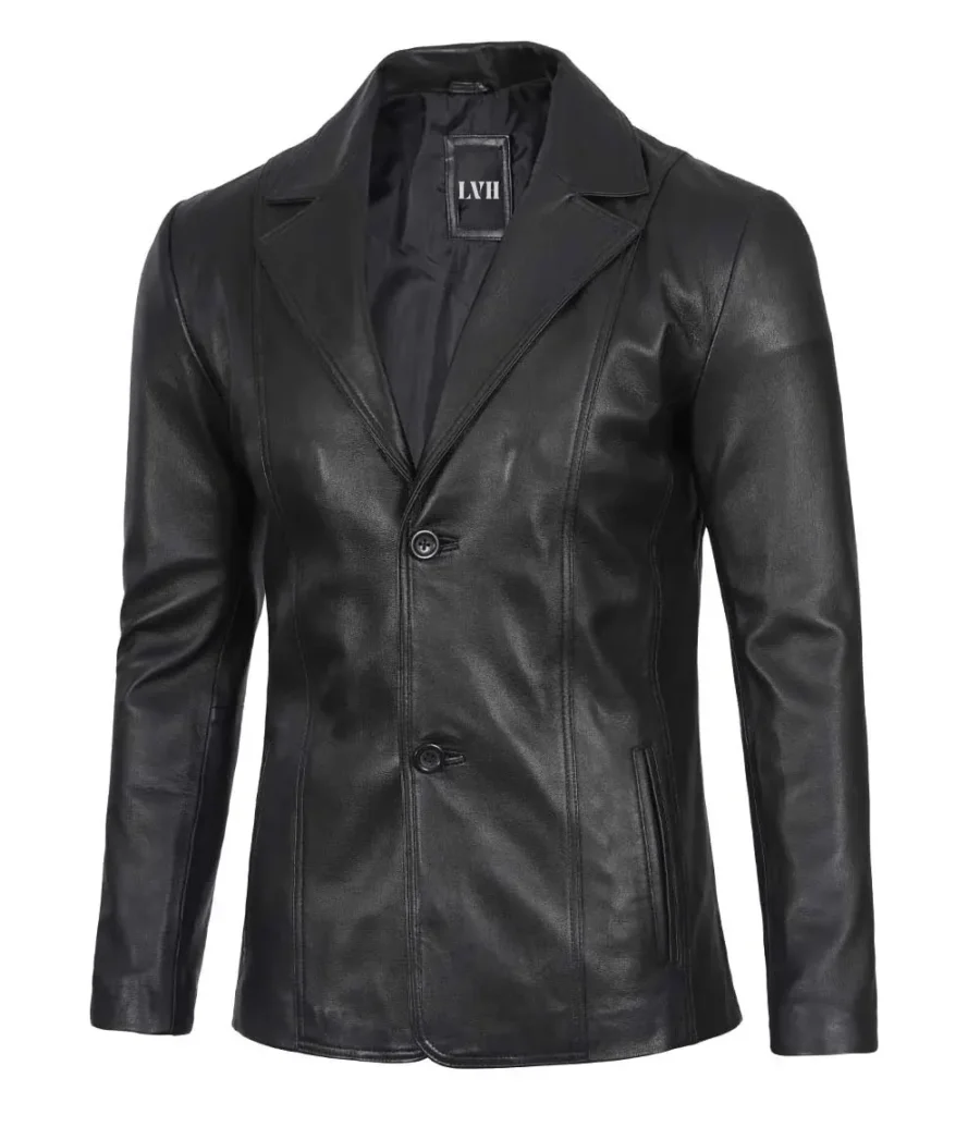 Surrey Men Black Leather Blazer Coat front