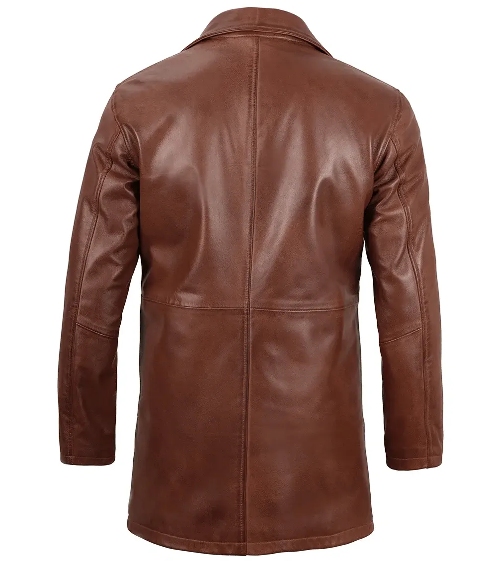 Tan Mens Distressed Leather Car Coat back