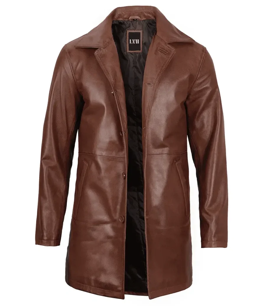 Tan Mens Distressed Leather Car Coat front