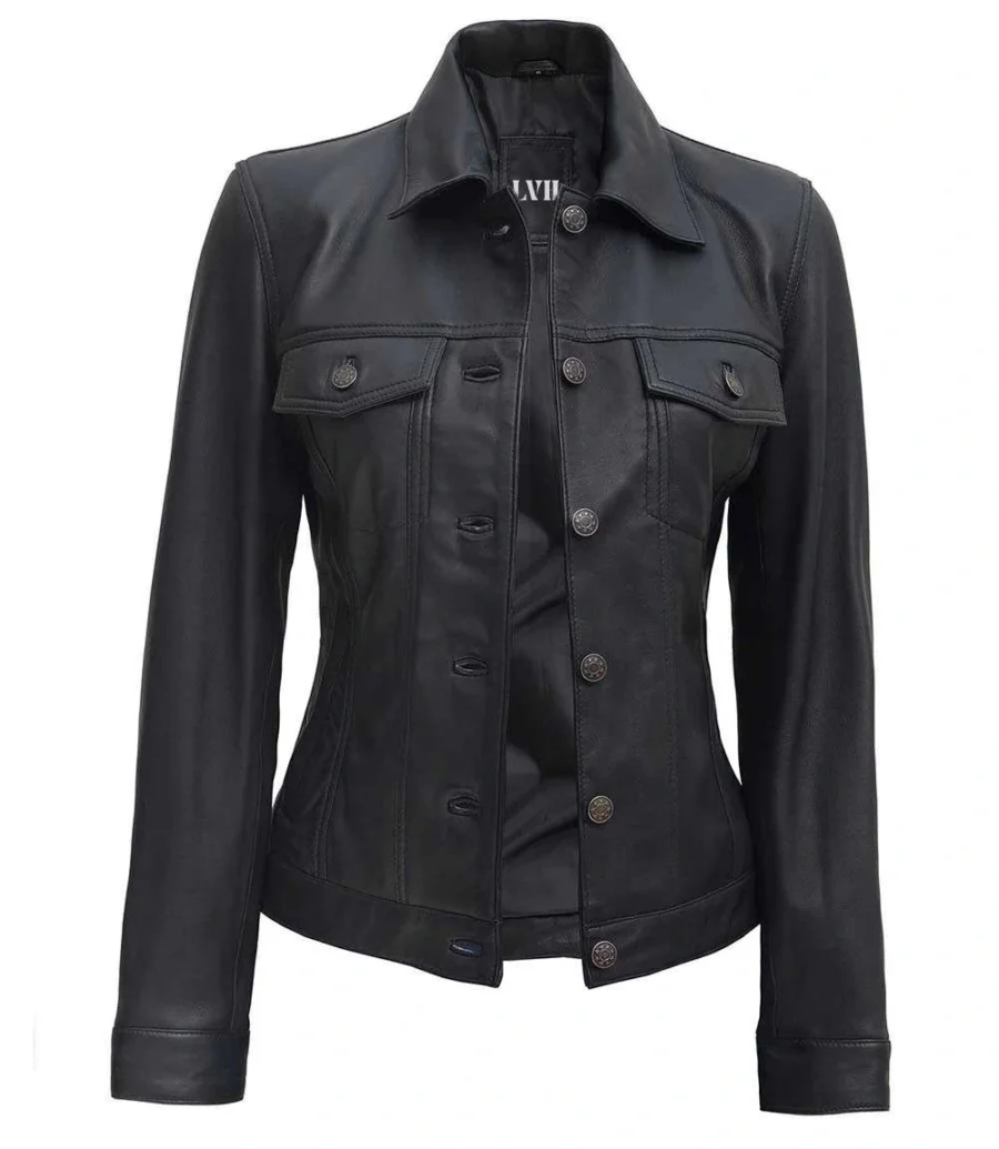 Women Black Vegan Trucker Leather Jacket front