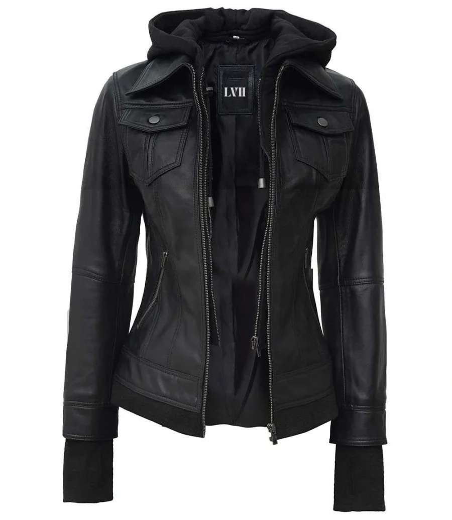Womens Black Leather Jacket With Removable Hood front