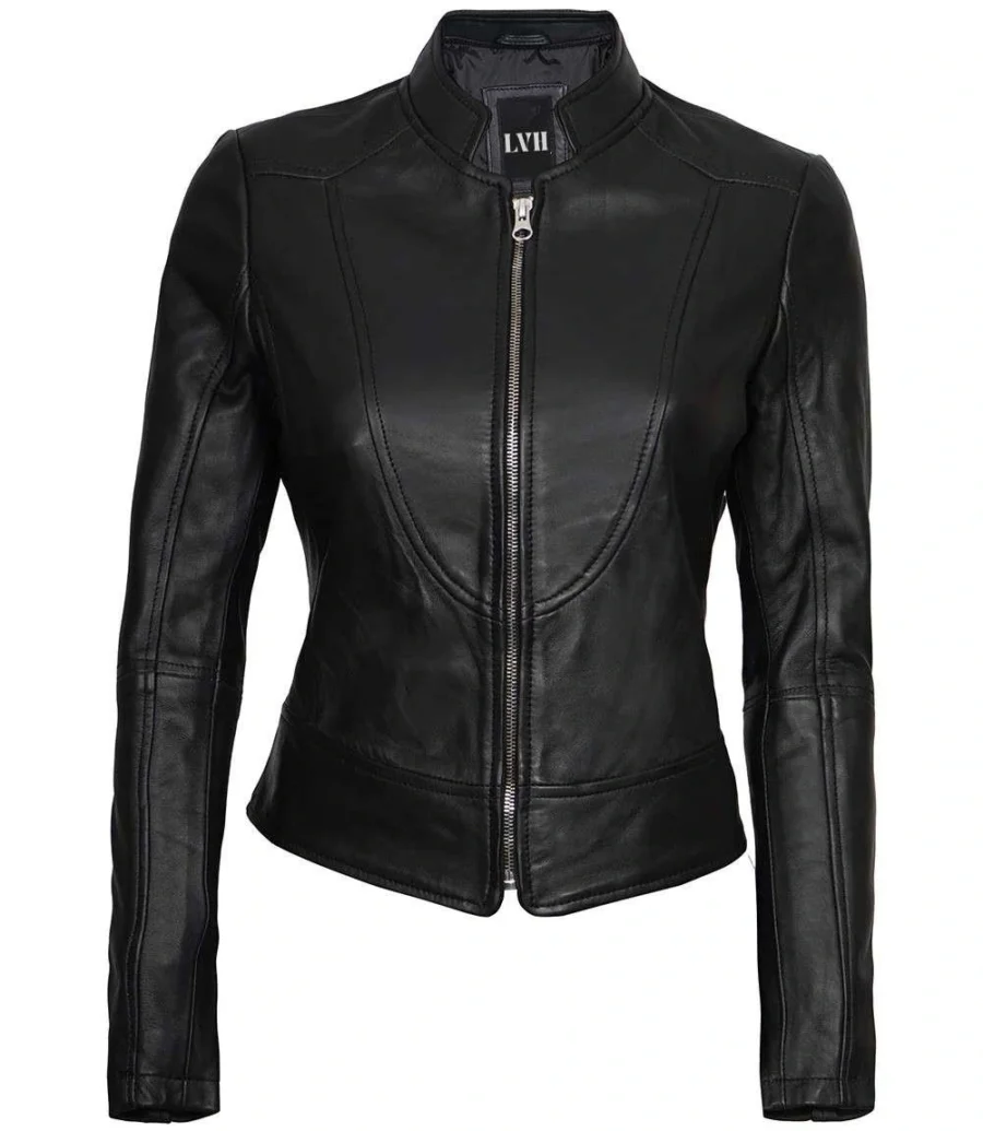 Womens Black Racer Leather Jacket front