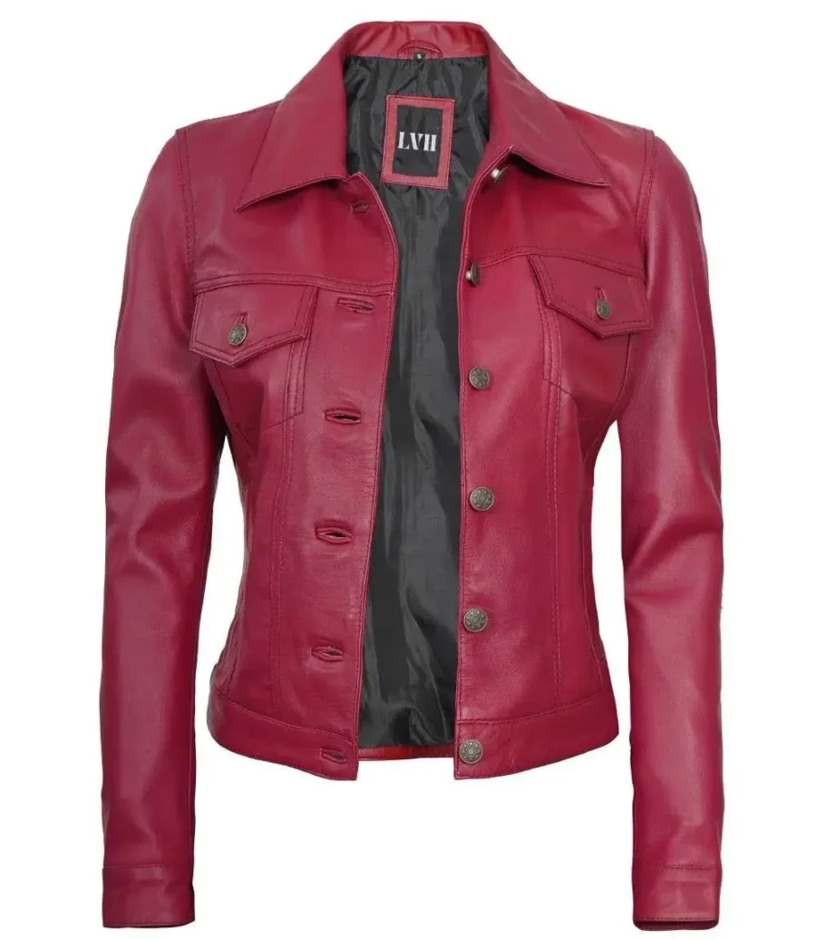 Womens Dark Pink Leather Trucker Jacket front