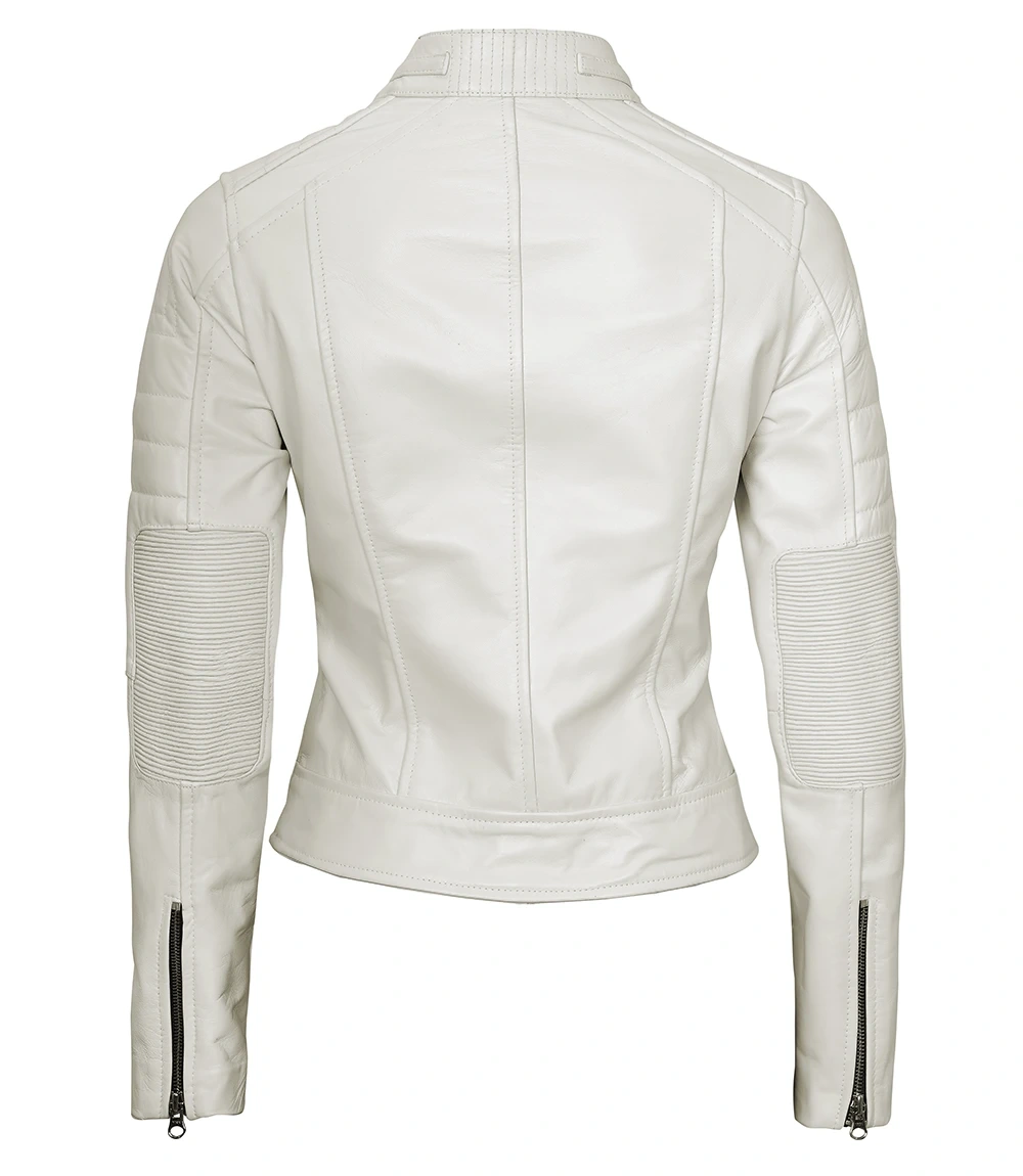 Women's Off White Racer Biker Real Leather Jacket back