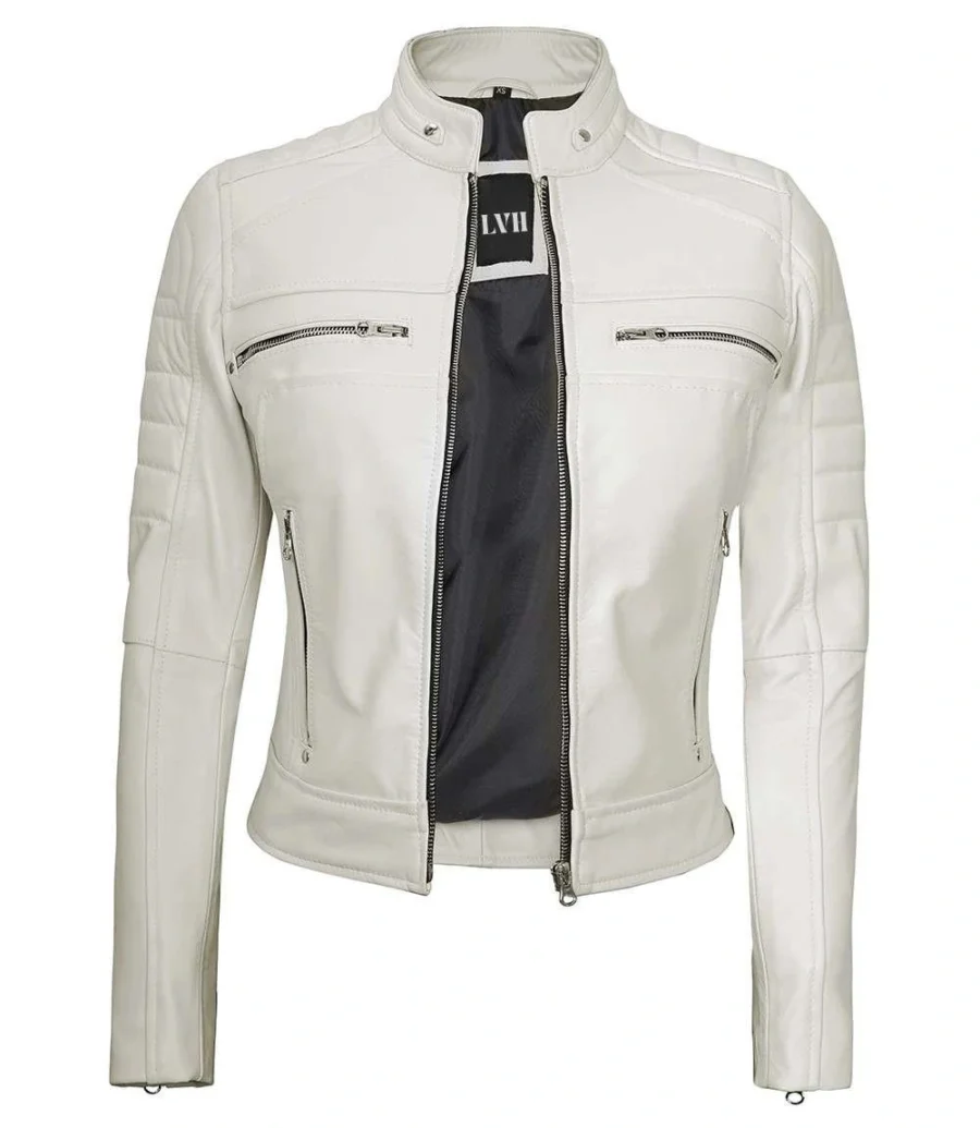 Women's Off White Racer Biker Real Leather Jacket front