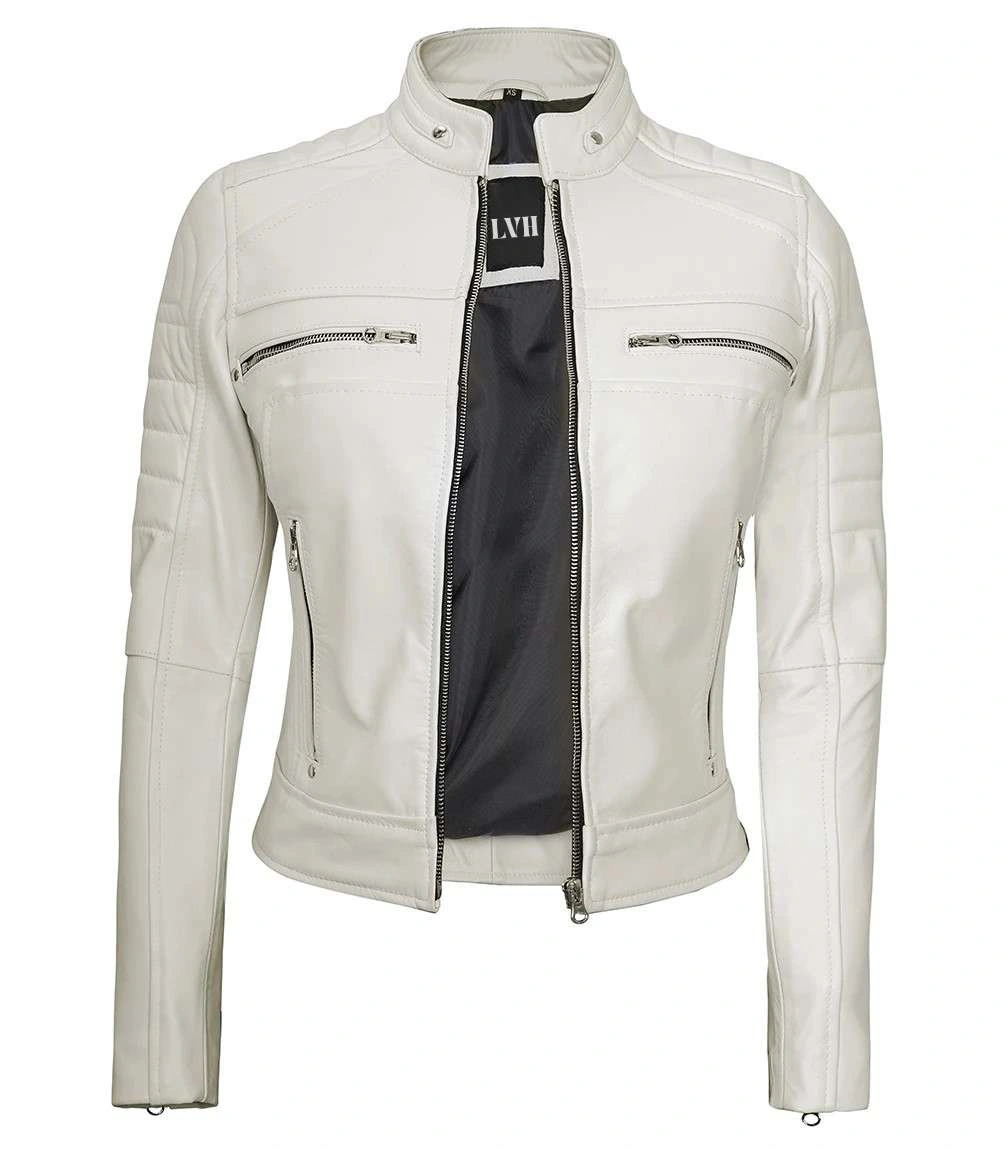 Women's Off White Racer Biker Real Leather Jacket front