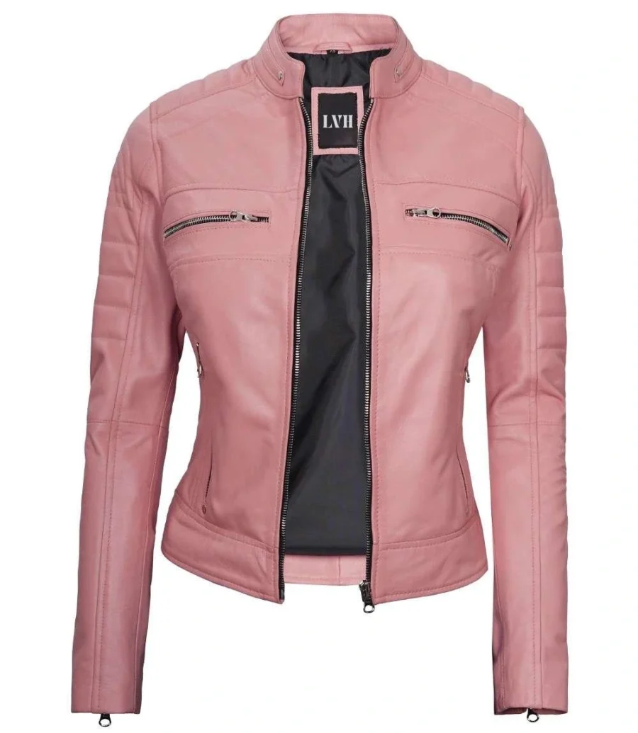 Women's Pink Racer Real Leather Jacket front