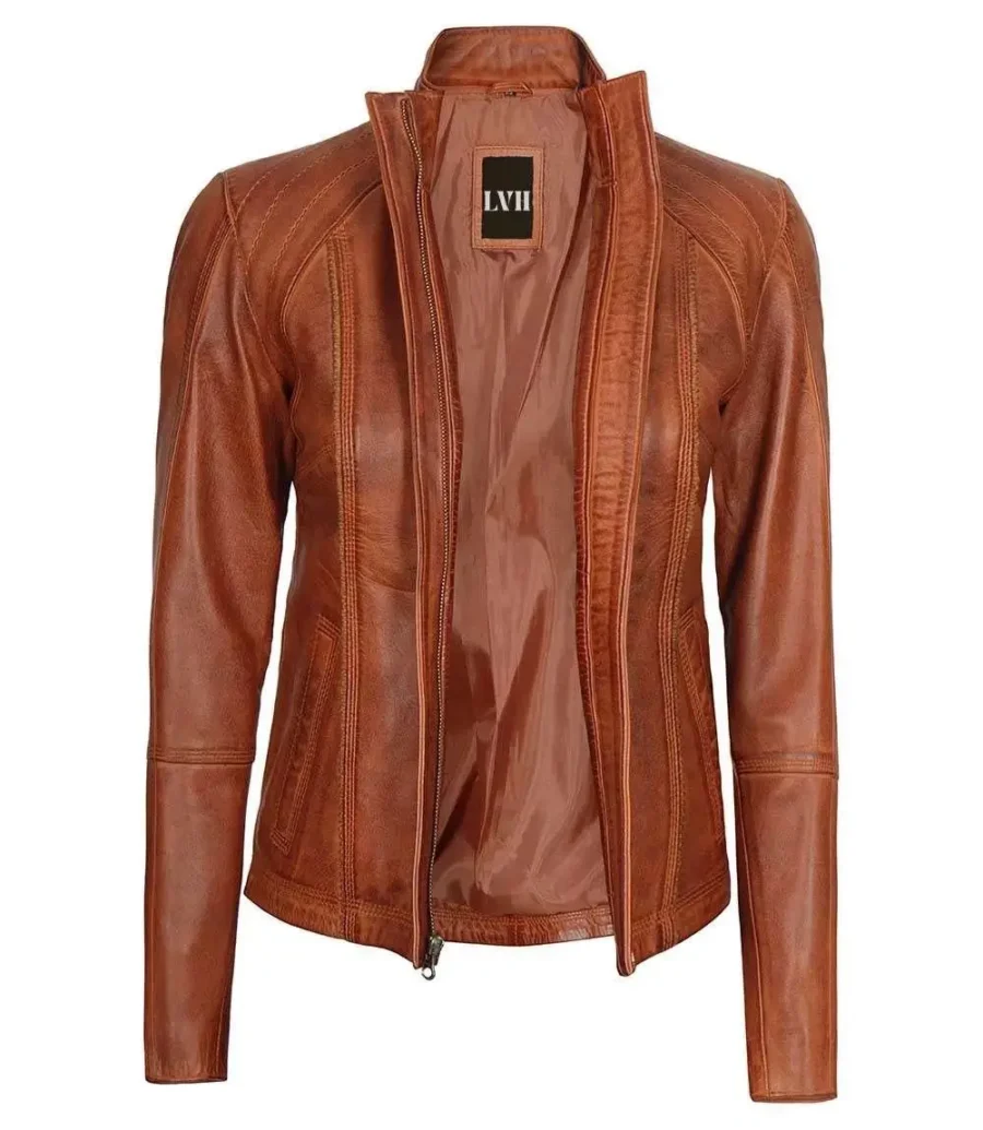 Womens Real Brown Leather Cafe Racer Jacket front