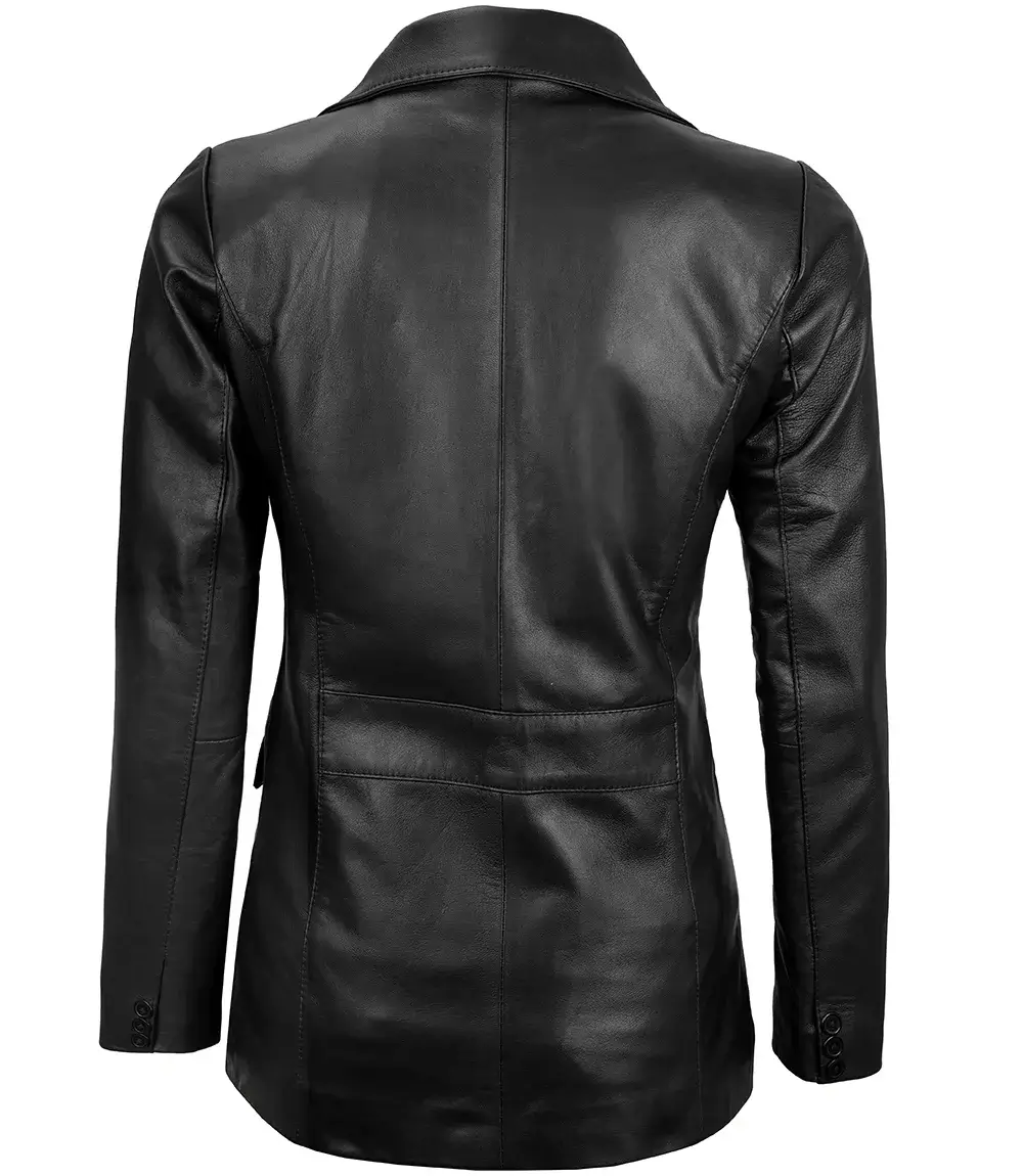 Womens Two Button Real Lambskin Black Leather Blazer back