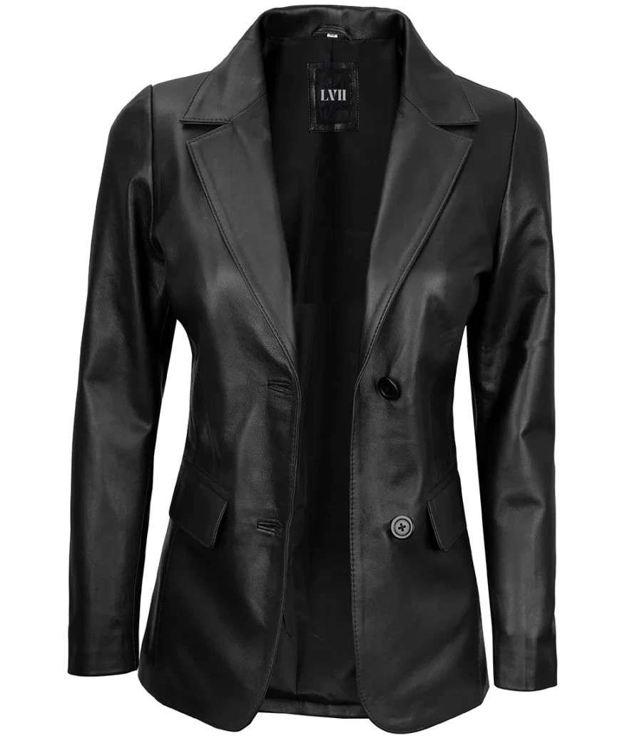 Womens Two Button Real Lambskin Black Leather Blazer front