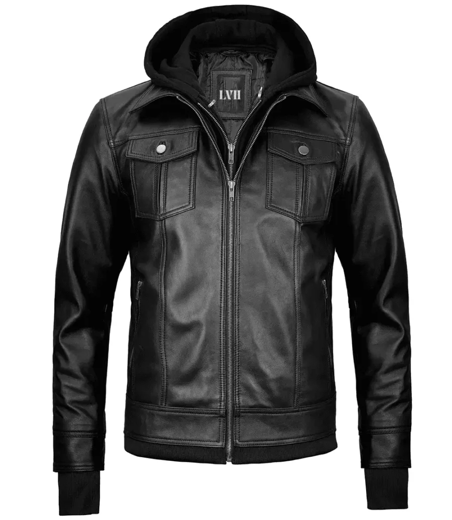mens black hooded jacket Front