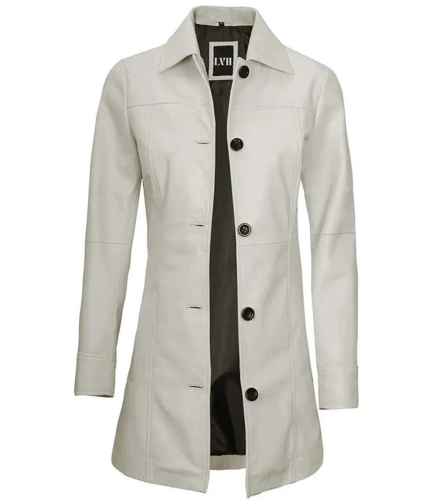 off white Real Leather Long Coat For Women front